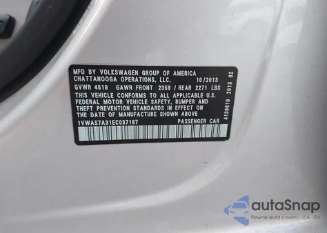 2014 Volkswagen Passat 1.8T Wolfsburg Edition z USA, uszkodzony, nr VIN 1VWAS7A31EC037187